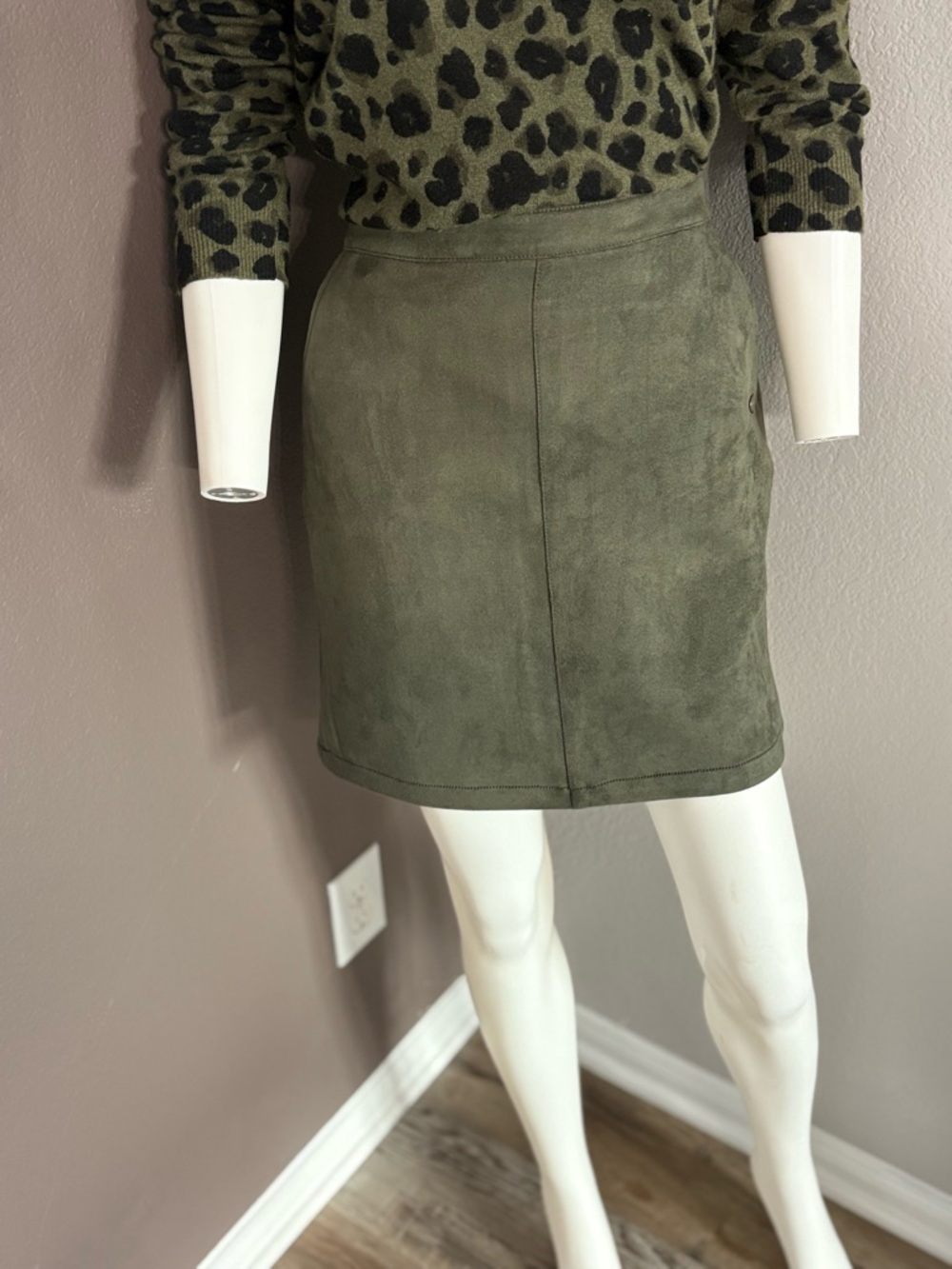 Suede-Look Olive Mini Skirt